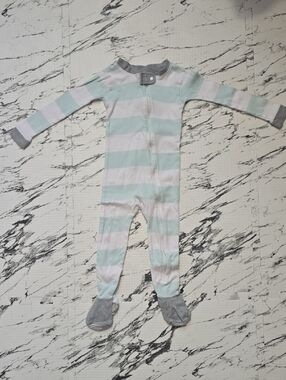 Kids Mint and White Striped Footed Pajamas with Gray Trim